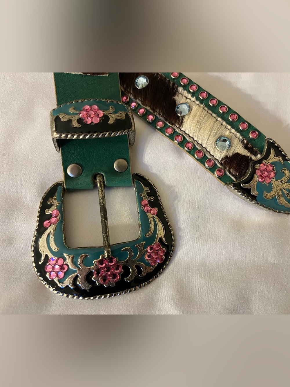 Leatherock Teal Belt with Pink Rhinestone Floral Buckle